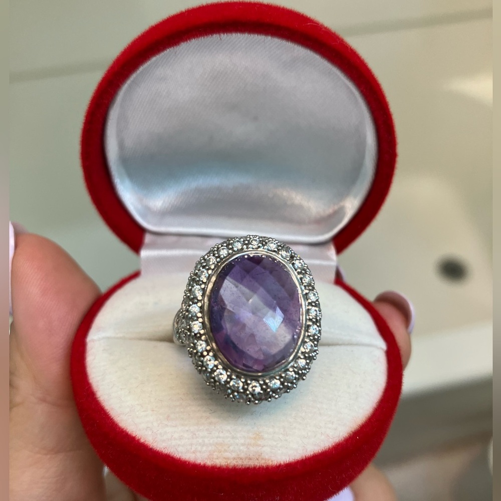 Lab Amethyst Diamonds in Silver Setting Ring